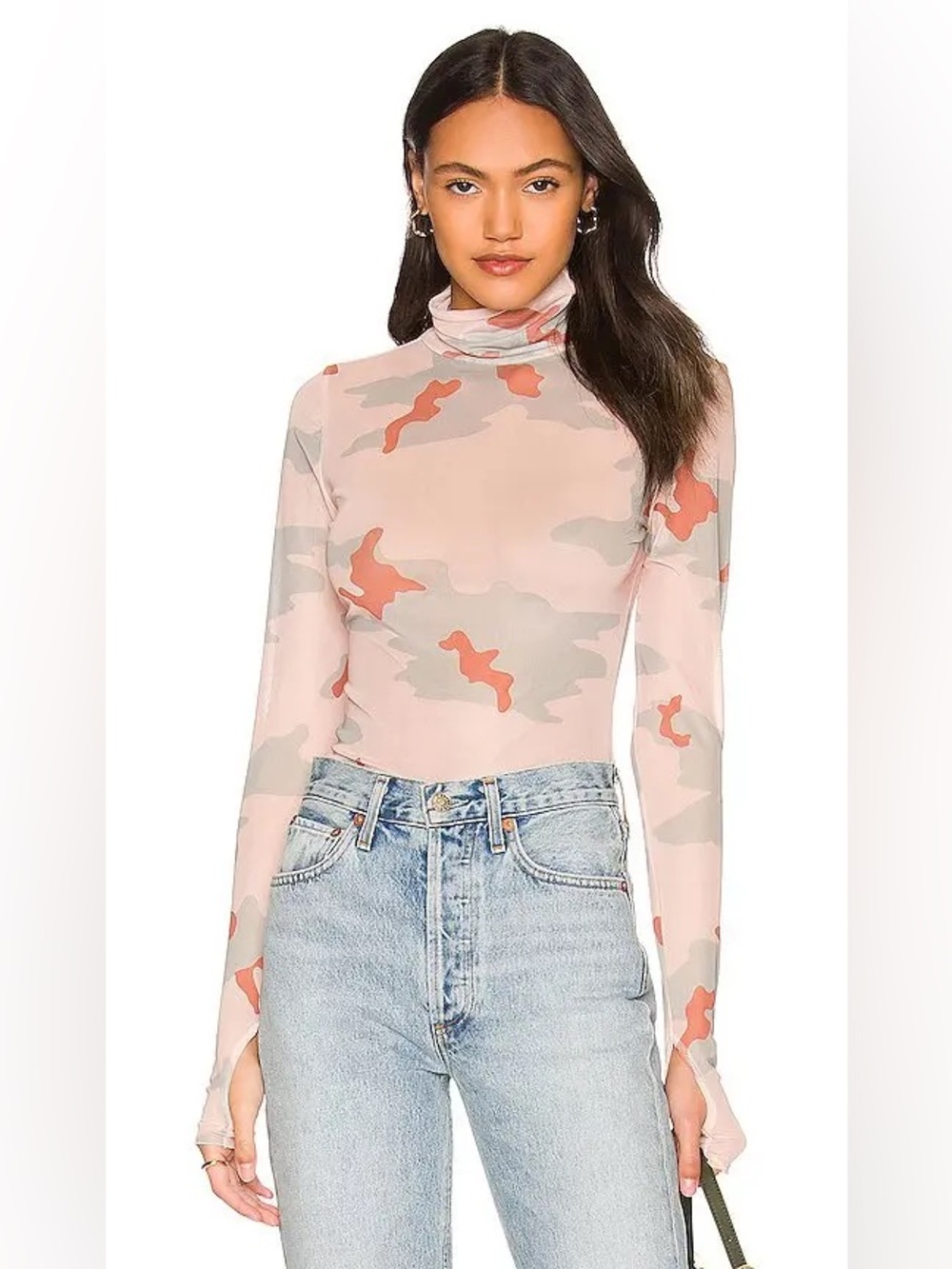 NWT AFRM Women’s Turtleneck Top Long Sleeve Pink Camo Sheer Size Large